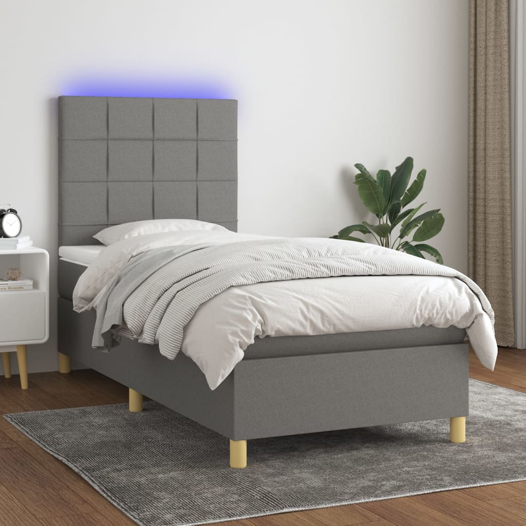 vidaXL Cama box spring colchón y luces LED tela gris oscuro 90x190 cm