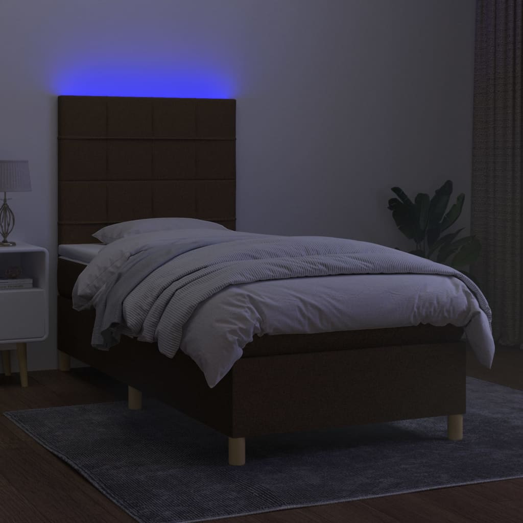 vidaXL Cama box spring colchón y luces LED tela marrón oscuro 90x200cm