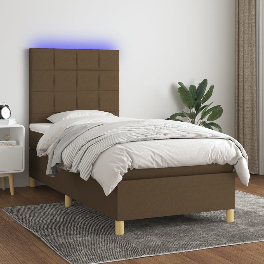 vidaXL Cama box spring colchón y luces LED tela marrón oscuro 90x200cm