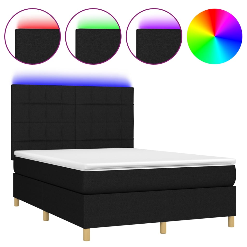 vidaXL Cama box spring colchón y luces LED tela negro 140x190 cm