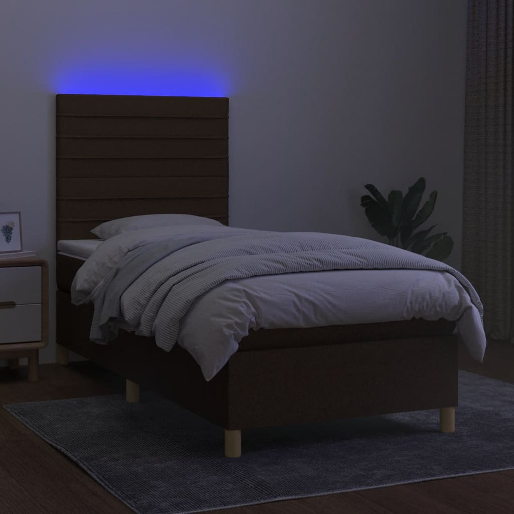 vidaXL Cama box spring colchón y luces LED tela marrón oscuro 90x200cm