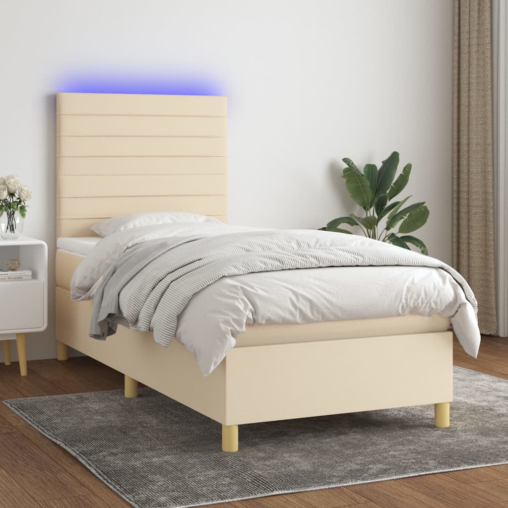 vidaXL Cama box spring colchón y luces LED tela crema 100x200 cm