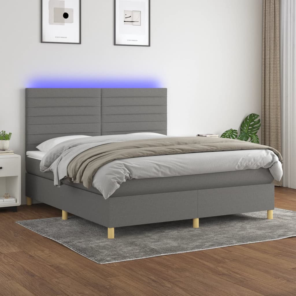 vidaXL Cama box spring colchón y luces LED tela gris oscuro 160x200 cm