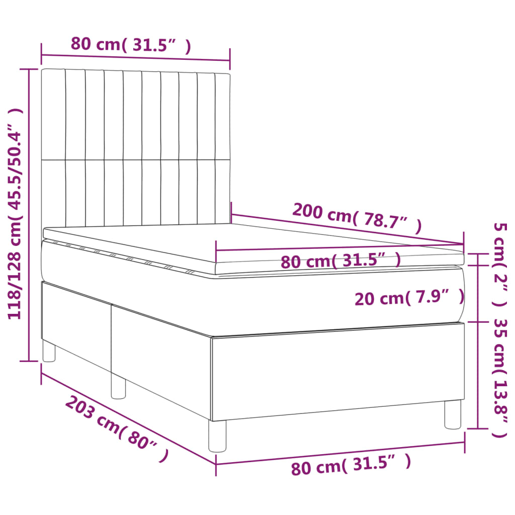 vidaXL Cama box spring colchón y luces LED tela gris oscuro 80x200 cm