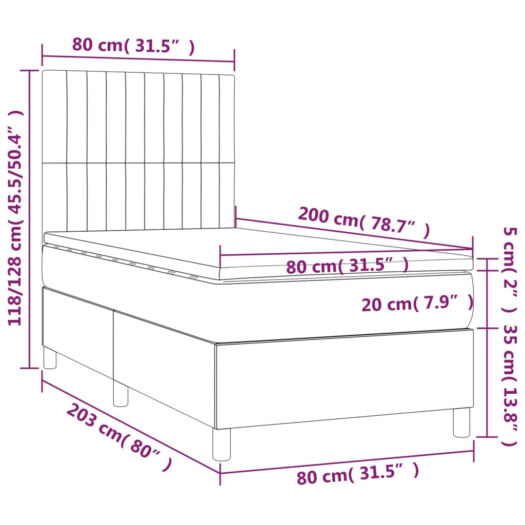 vidaXL Cama box spring colchón y luces LED tela marrón oscuro 80x200cm