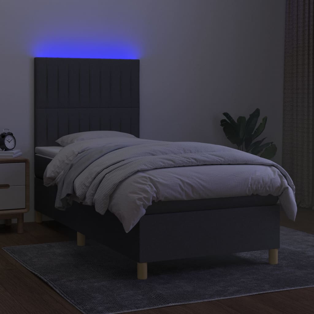 vidaXL Cama box spring colchón y luces LED tela gris oscuro 90x190 cm