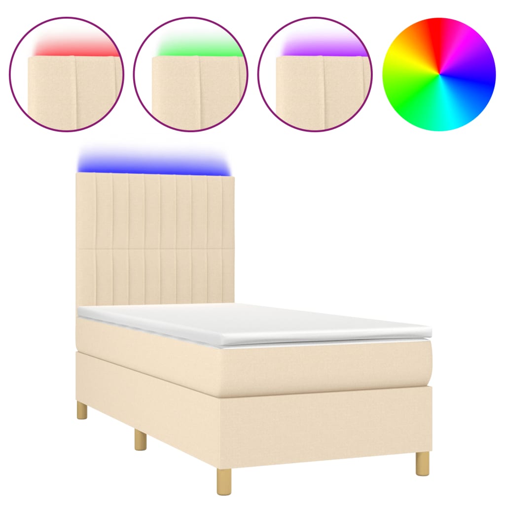 vidaXL Cama box spring colchón y luces LED tela crema 100x200 cm