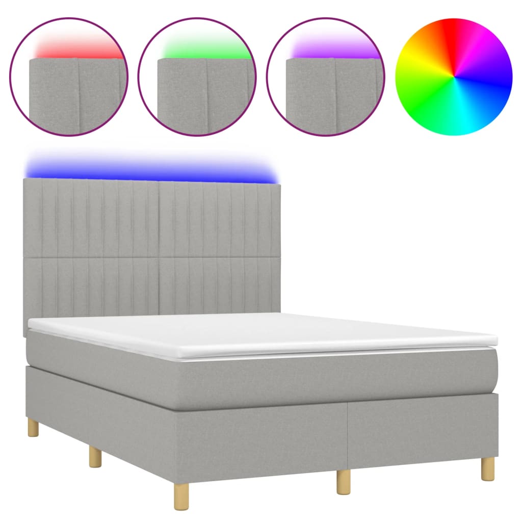 vidaXL Cama box spring colchón y luces LED tela gris claro 140x190 cm