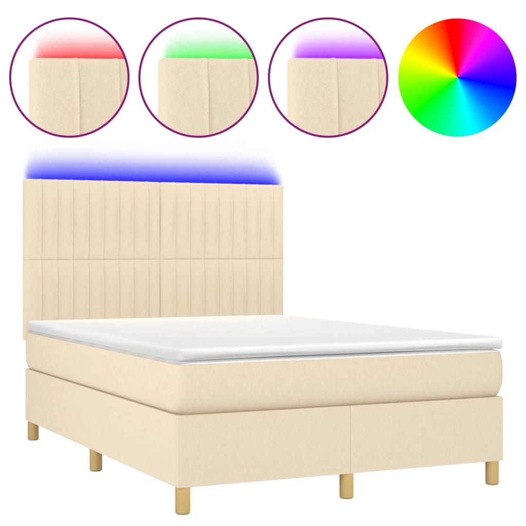 vidaXL Cama box spring colchón y luces LED tela crema 140x190 cm