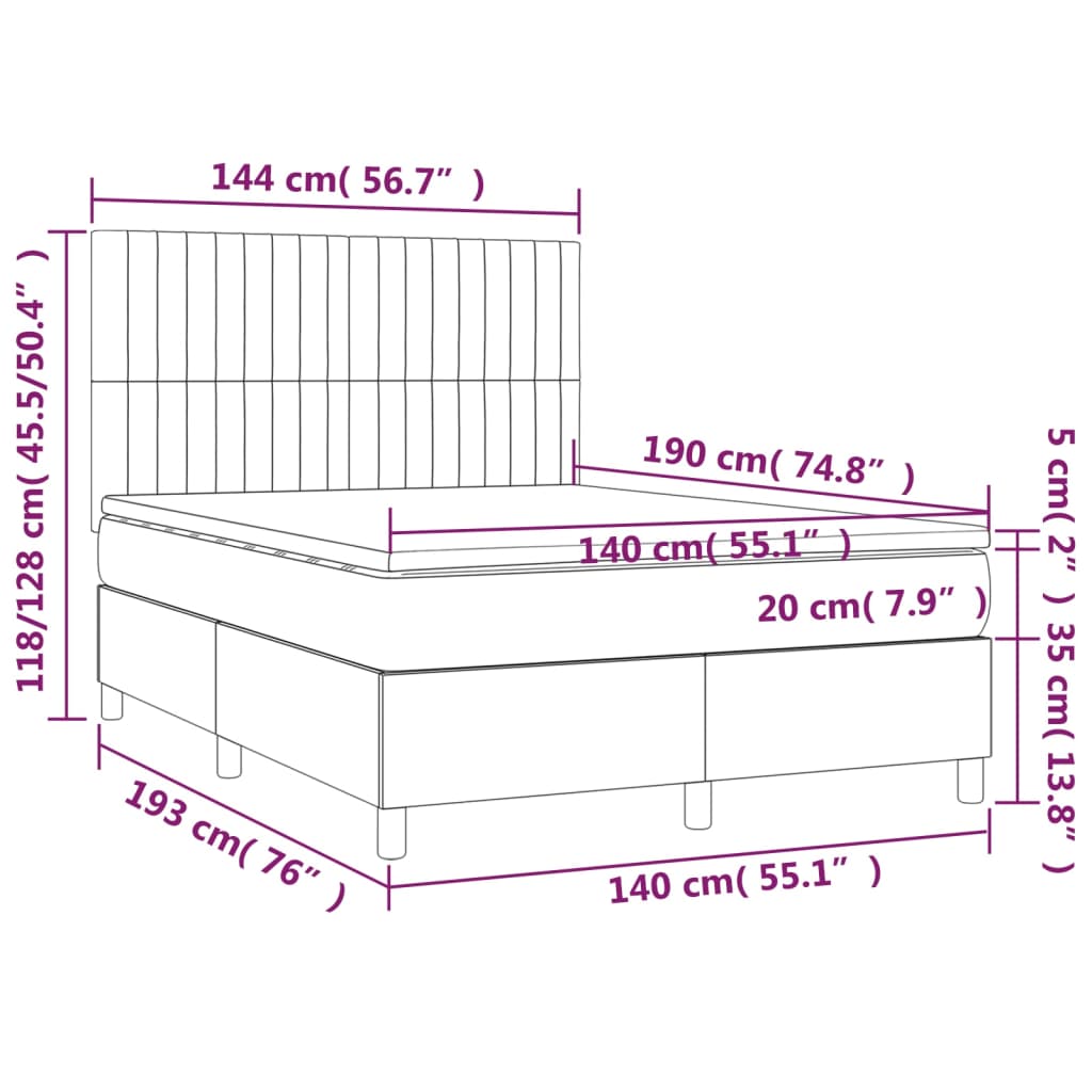 vidaXL Cama box spring colchón y luces LED tela crema 140x190 cm