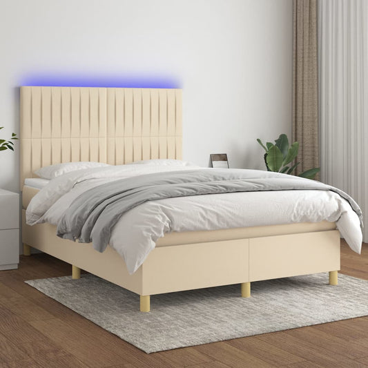 vidaXL Cama box spring colchón y luces LED tela crema 140x190 cm