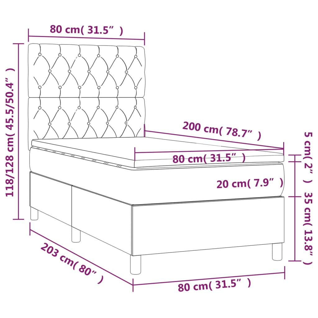 vidaXL Cama box spring colchón y luces LED tela marrón oscuro 80x200cm