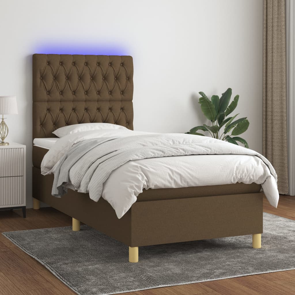 vidaXL Cama box spring colchón y luces LED tela marrón oscuro 80x200cm