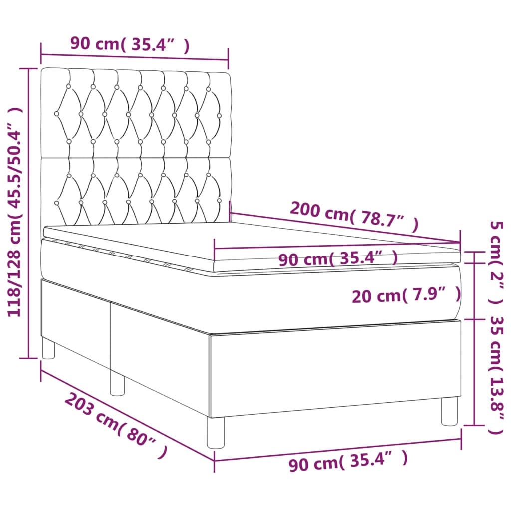 vidaXL Cama box spring colchón y luces LED tela marrón oscuro 90x200cm