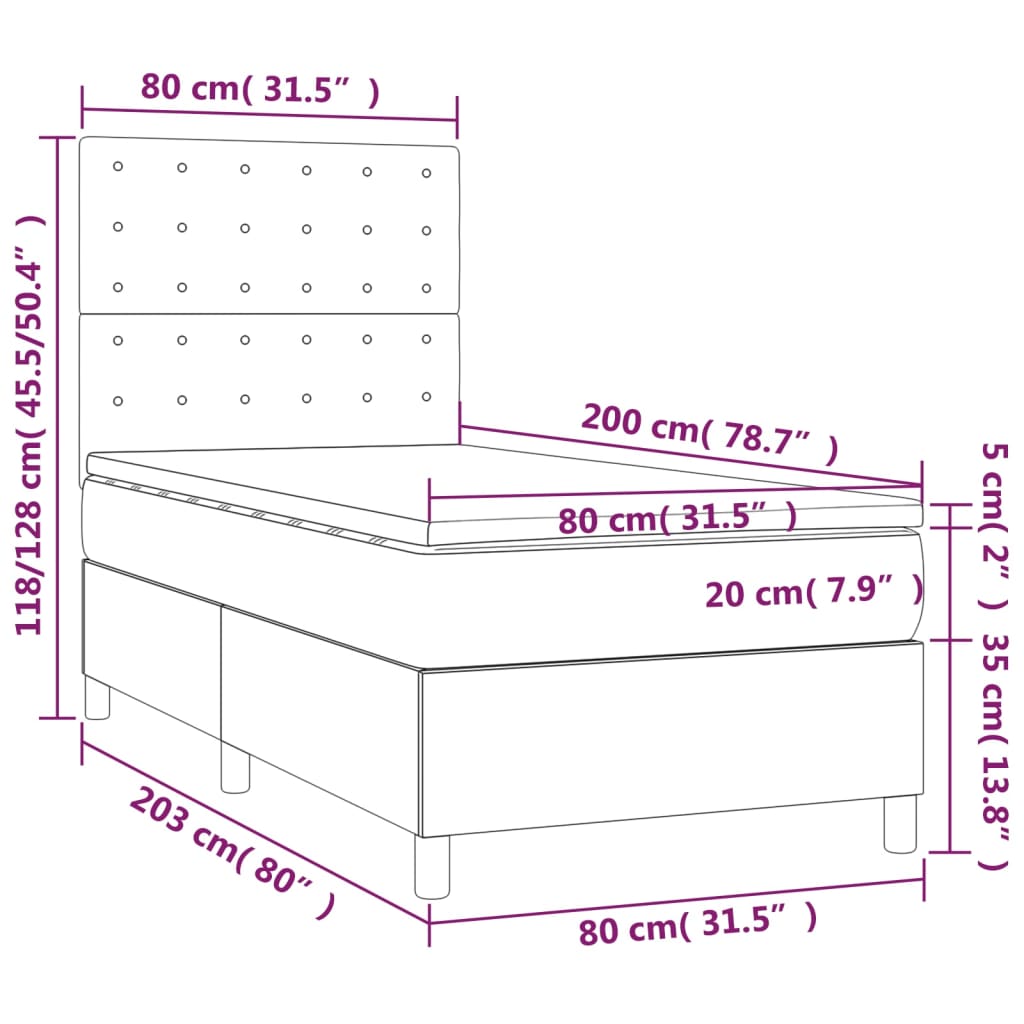 vidaXL Cama box spring colchón y luces LED tela gris oscuro 80x200 cm