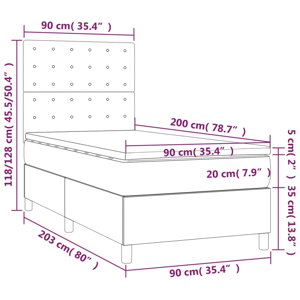 vidaXL Cama box spring colchón y luces LED tela marrón oscuro 90x200cm