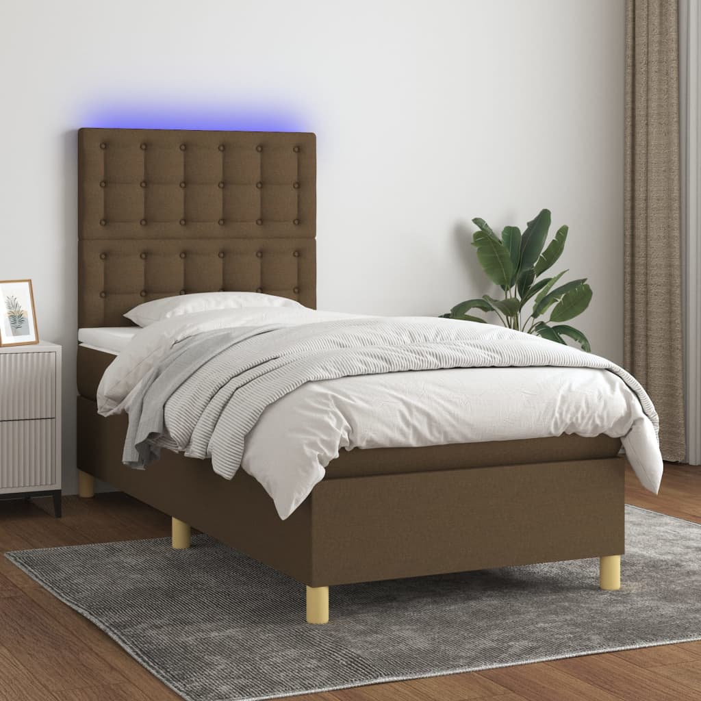 vidaXL Cama box spring colchón y luces LED tela marrón oscuro 90x200cm