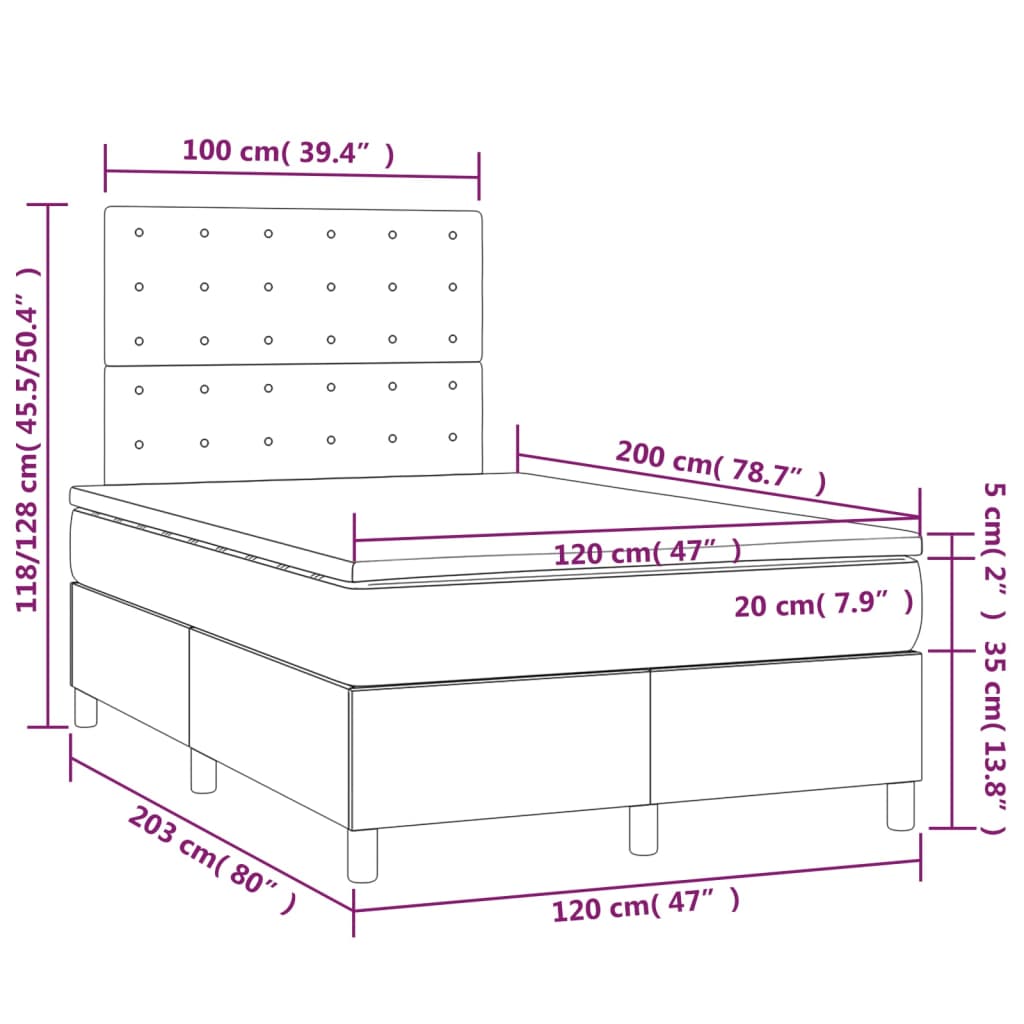 vidaXL Cama box spring con colchón y LED tela gris oscuro 120x200 cm