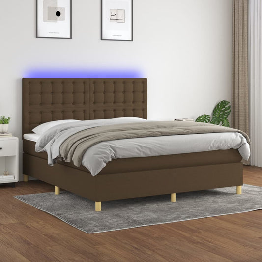 vidaXL Cama box spring colchón luces LED tela marrón oscuro 160x200cm