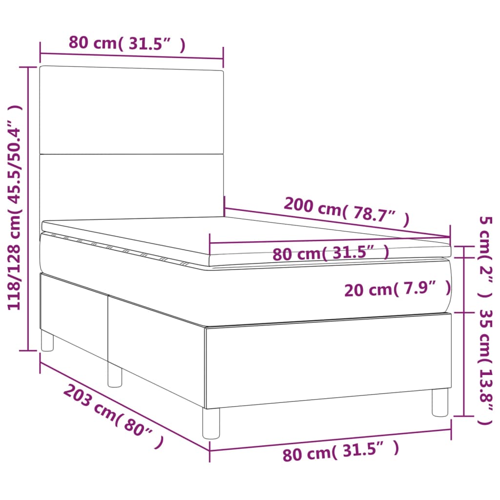 vidaXL Cama box spring y colchón LED cuero sintético negro 80x200 cm