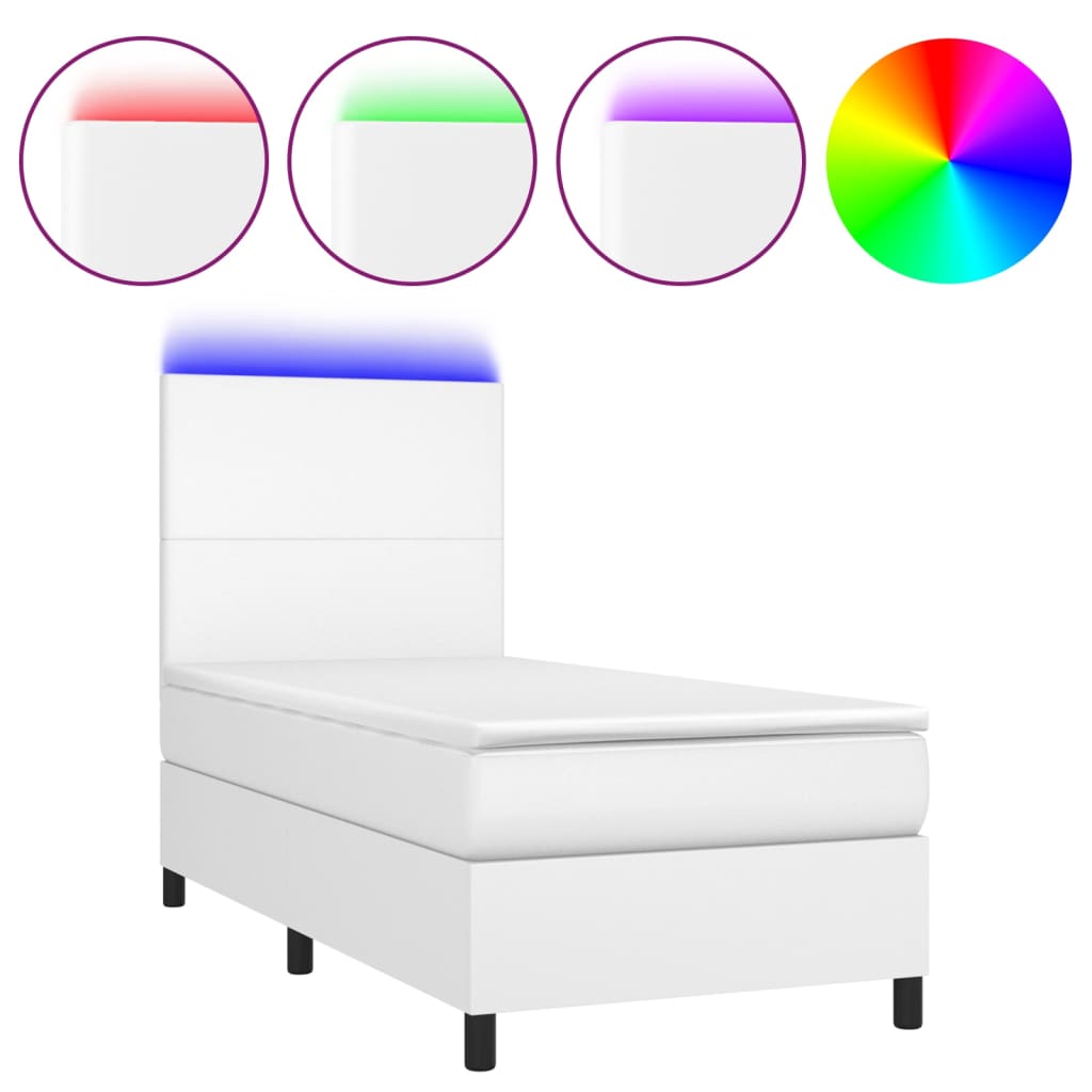 vidaXL Cama box spring y colchón LED cuero sintético blanco 90x200 cm