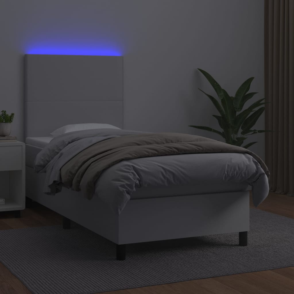 vidaXL Cama box spring y colchón LED cuero sintético blanco 90x200 cm