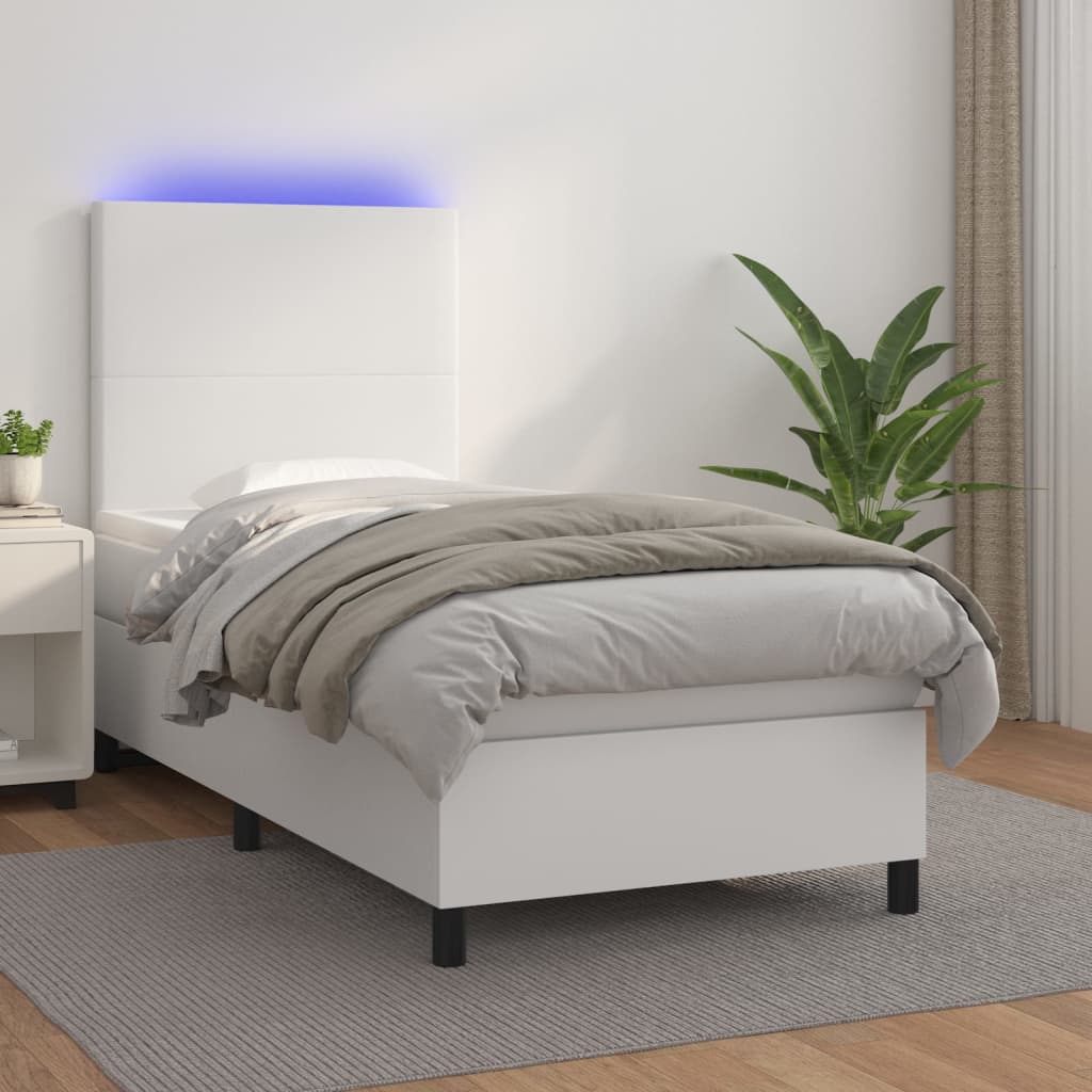 vidaXL Cama box spring y colchón LED cuero sintético blanco 90x200 cm