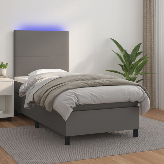 vidaXL Cama box spring colchón y LED cuero sintético gris 100x200 cm