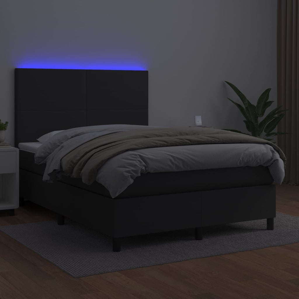 vidaXL Cama box spring colchón y LED cuero sintético negro 140x190 cm