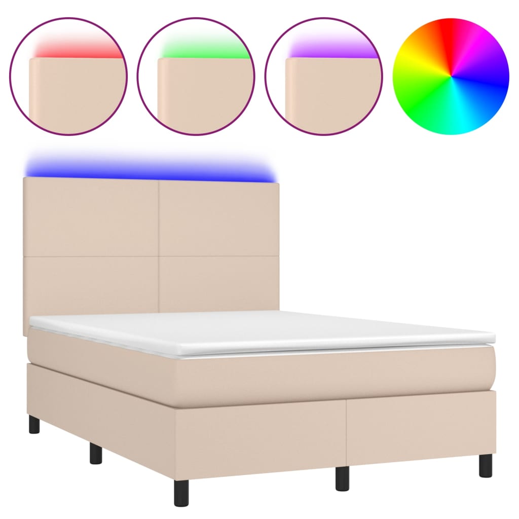 vidaXL Cama box spring colchón LED cuero sintético capuchino 140x200cm