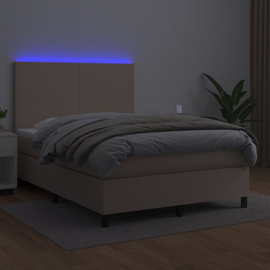 vidaXL Cama box spring colchón LED cuero sintético capuchino 140x200cm