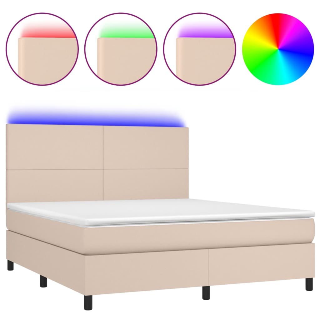 vidaXL Cama box spring colchón LED cuero sintético capuchino 180x200cm