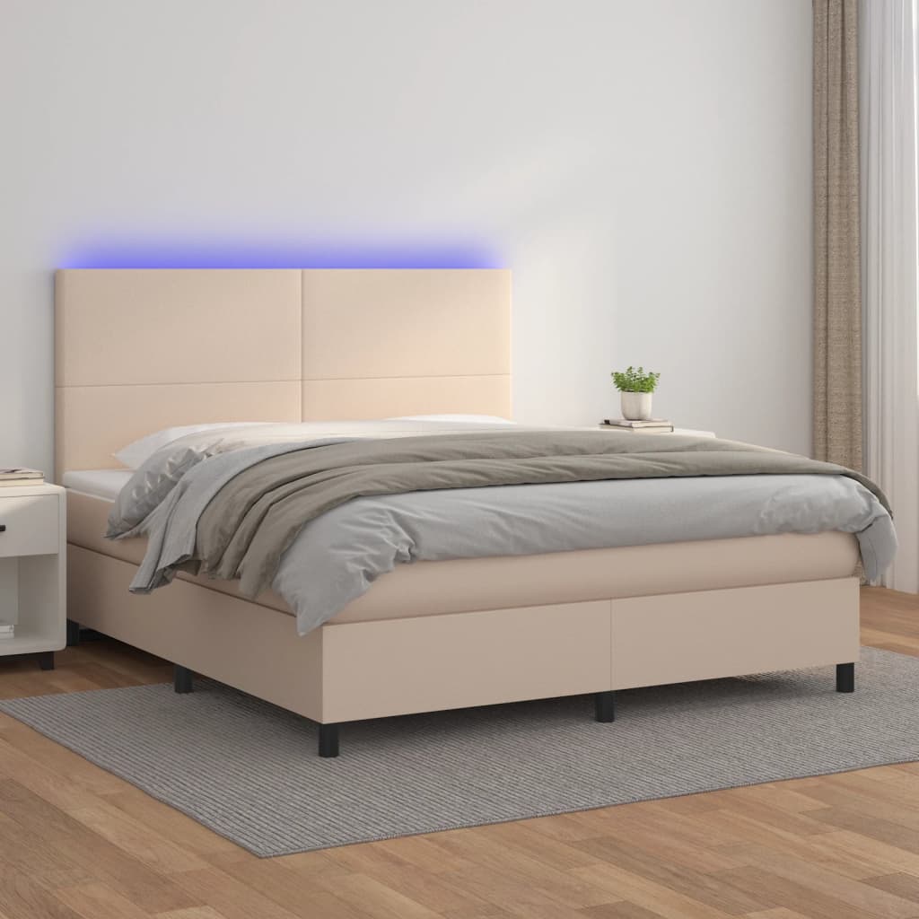 vidaXL Cama box spring colchón LED cuero sintético capuchino 180x200cm