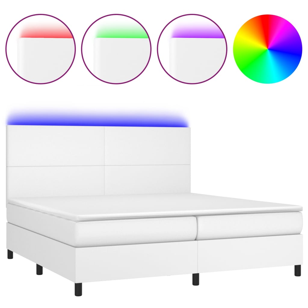 vidaXL Cama box spring colchón y LED cuero sintético blanco 200x200 cm