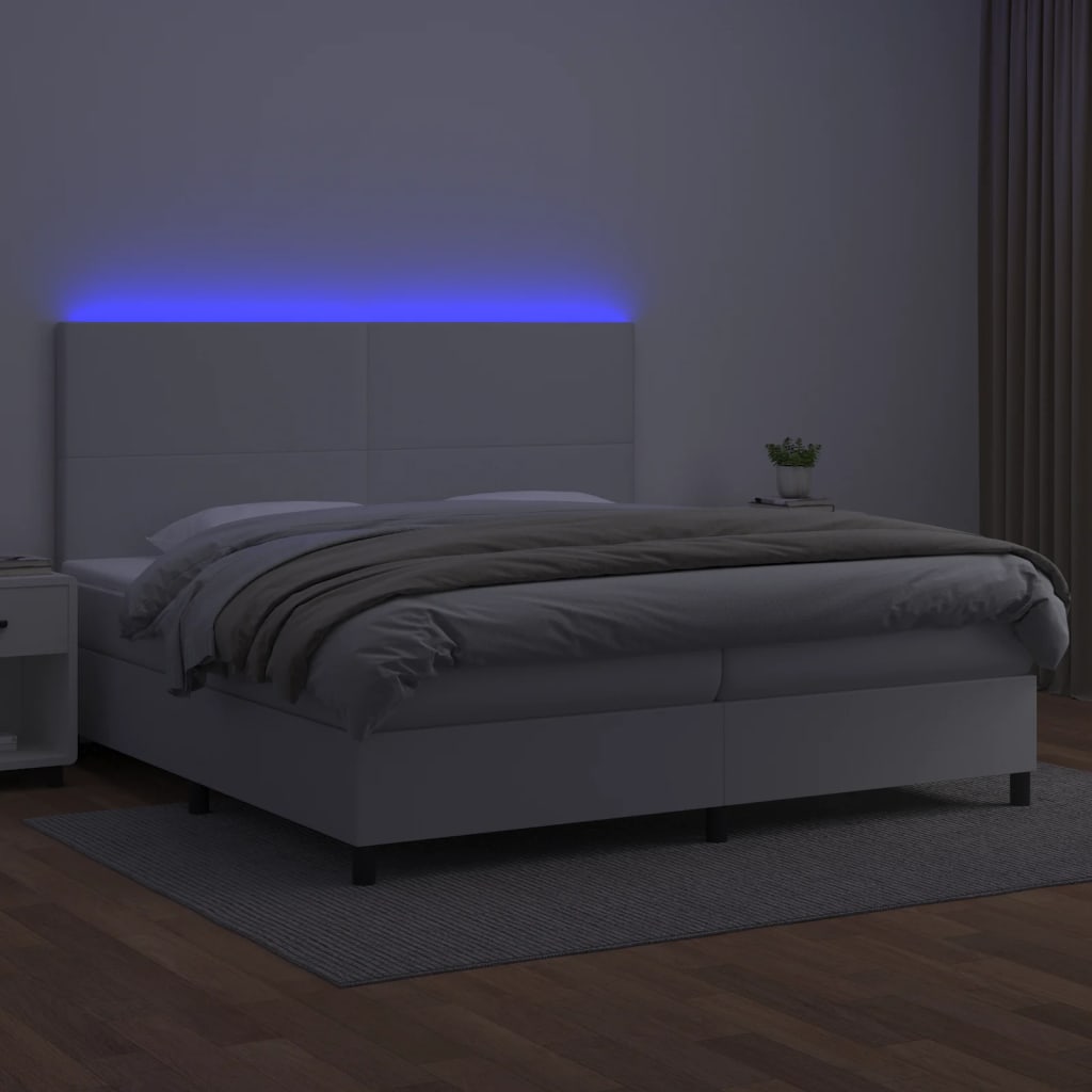 vidaXL Cama box spring colchón y LED cuero sintético blanco 200x200 cm