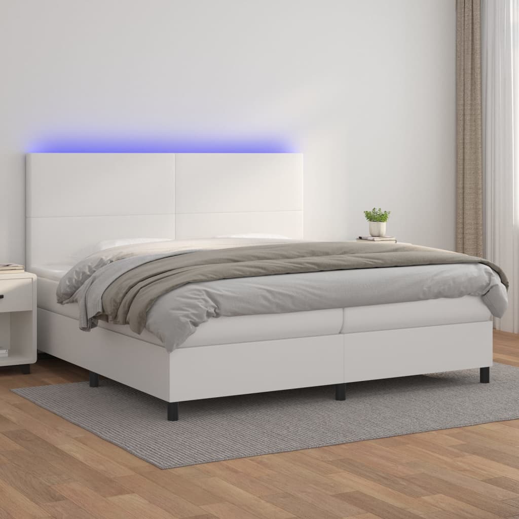 vidaXL Cama box spring colchón y LED cuero sintético blanco 200x200 cm