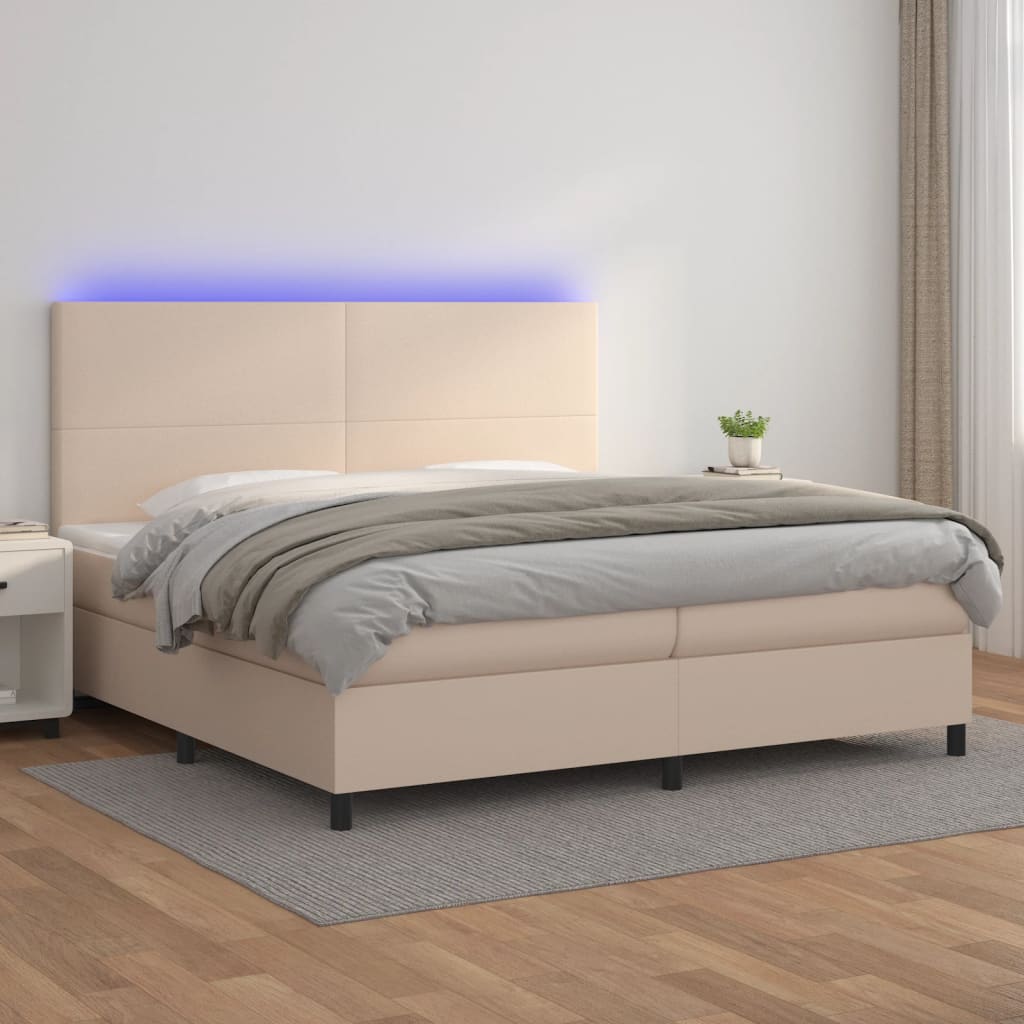 vidaXL Cama box spring colchón LED cuero sintético capuchino 200x200cm