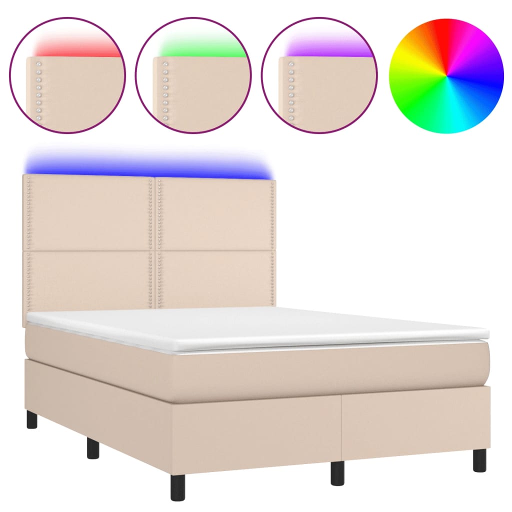 vidaXL Cama box spring colchón LED cuero sintético capuchino 140x200cm