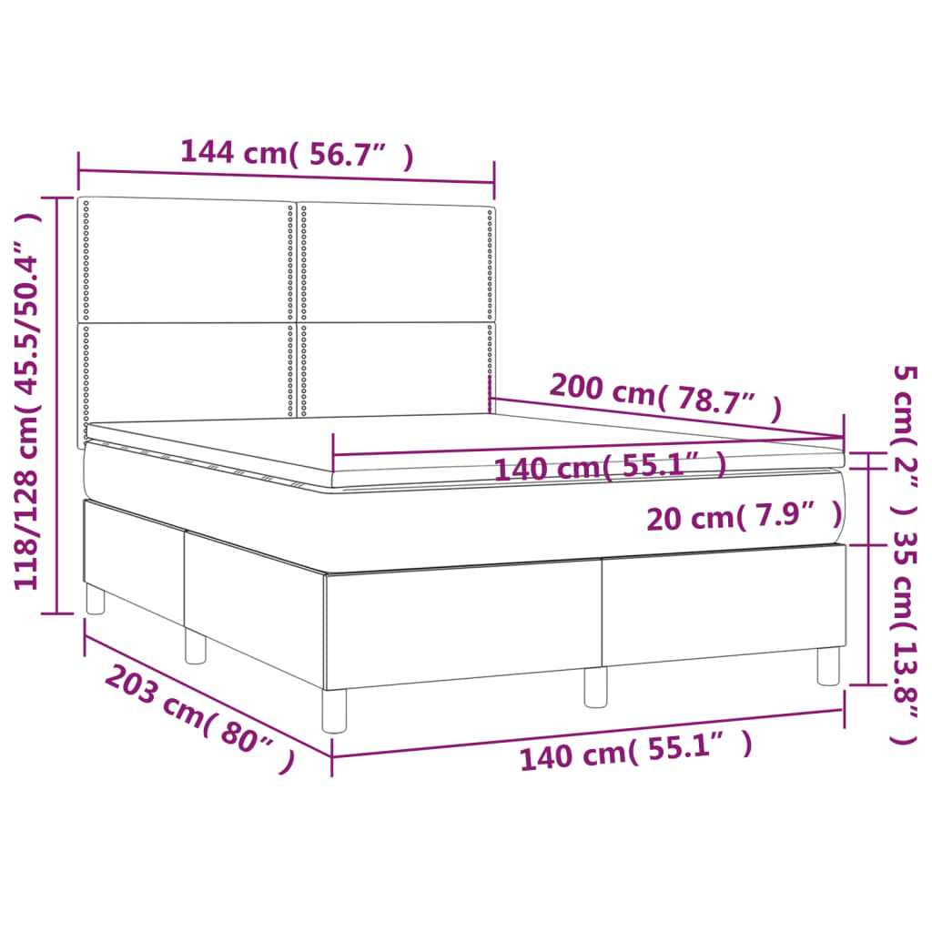 vidaXL Cama box spring colchón LED cuero sintético capuchino 140x200cm