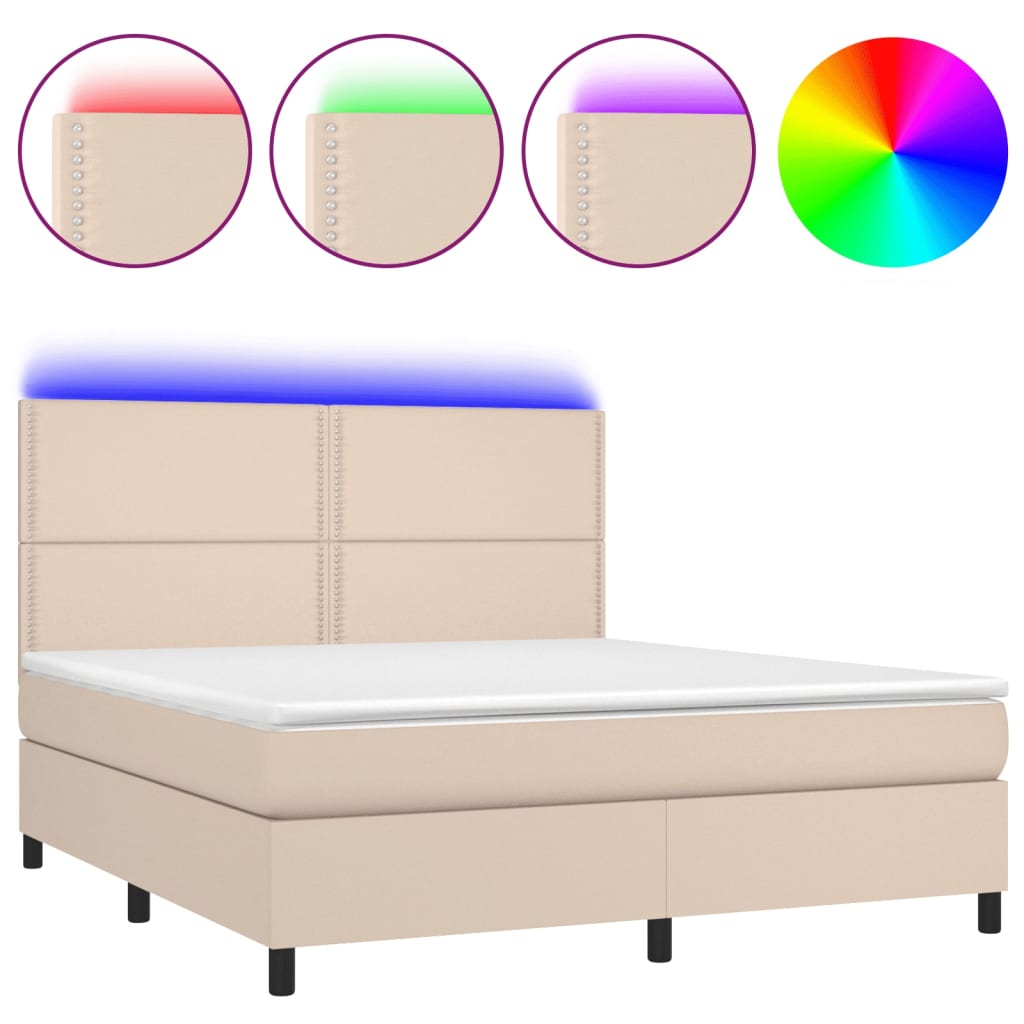 vidaXL Cama box spring colchón LED cuero sintético capuchino 180x200cm