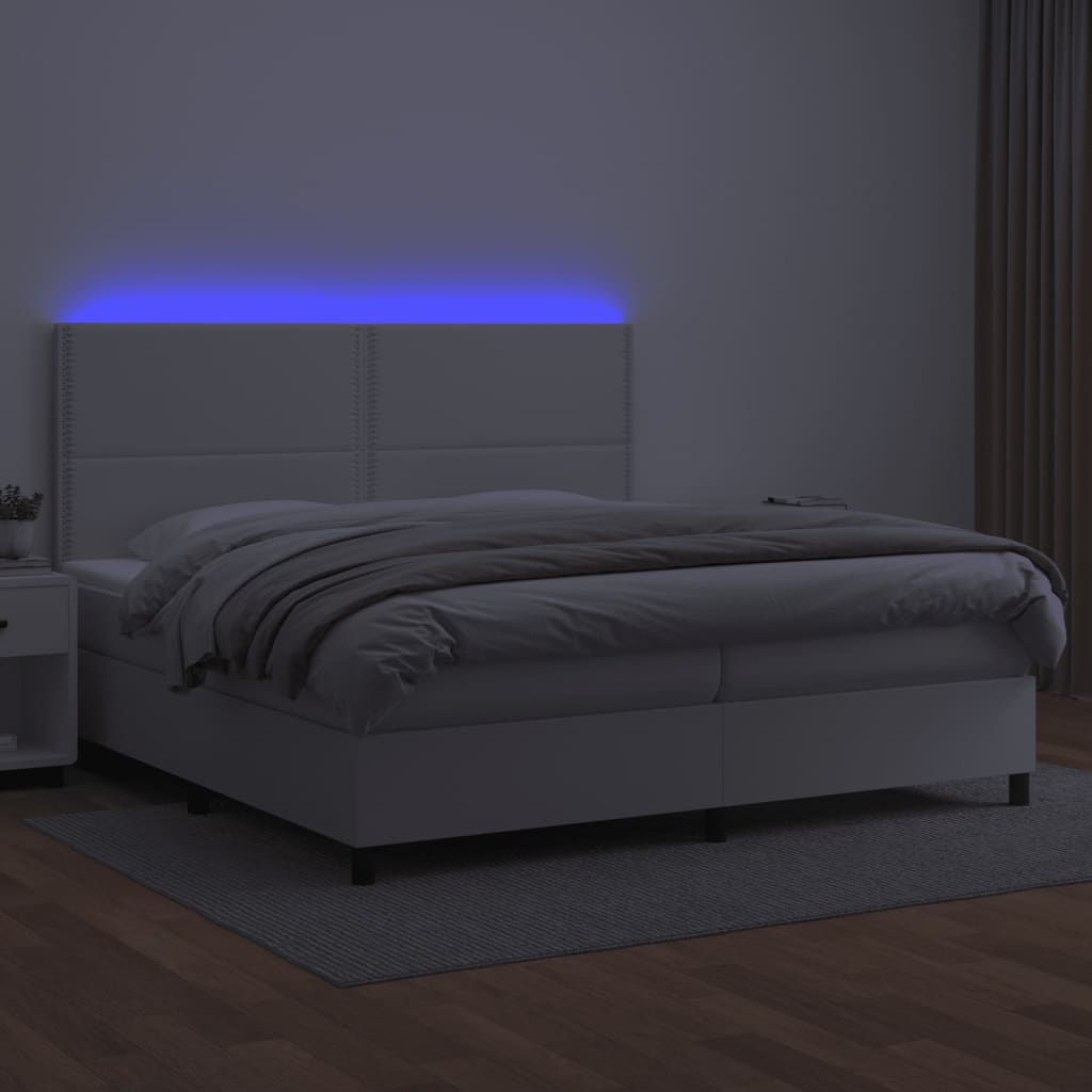 vidaXL Cama box spring colchón y LED cuero sintético blanco 200x200 cm