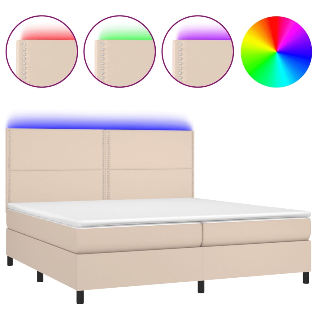 vidaXL Cama box spring colchón LED cuero sintético capuchino 200x200cm