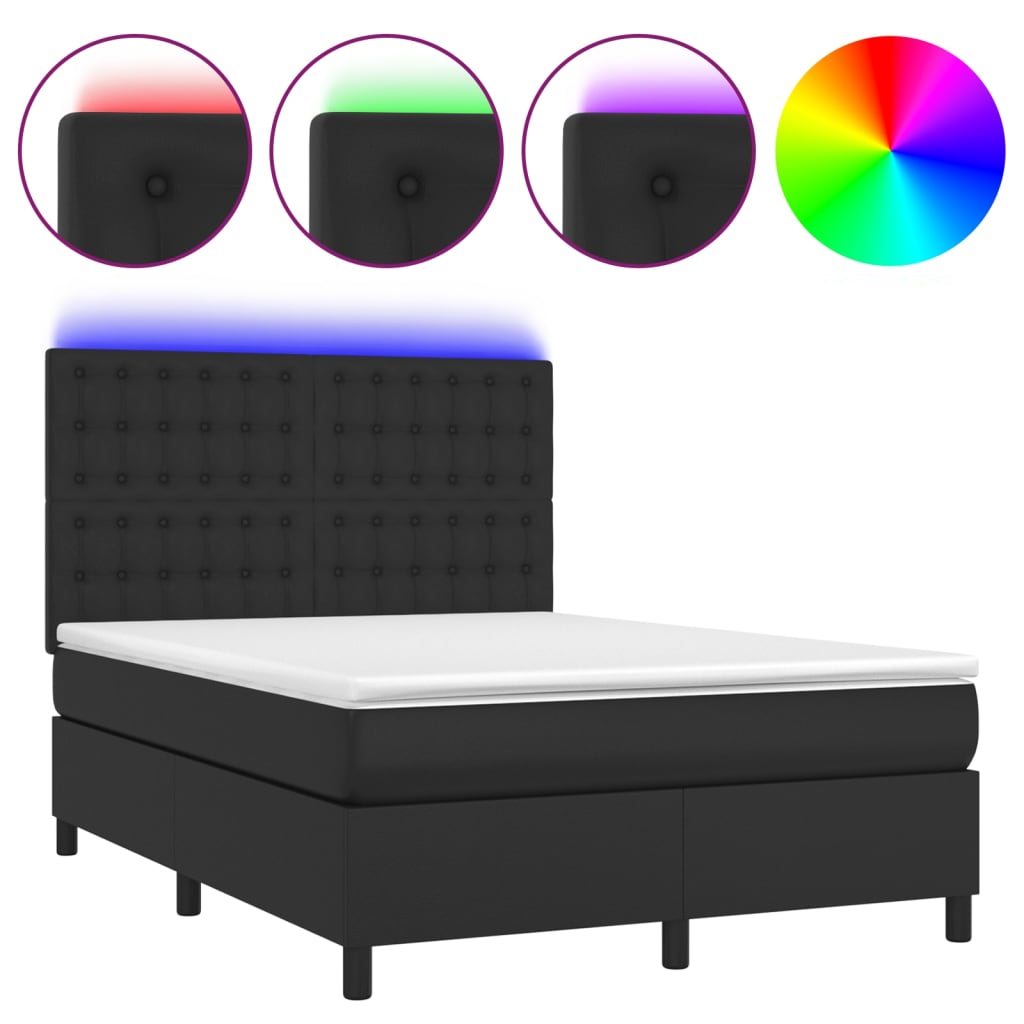 vidaXL Cama box spring colchón y LED cuero sintético negro 140x190 cm