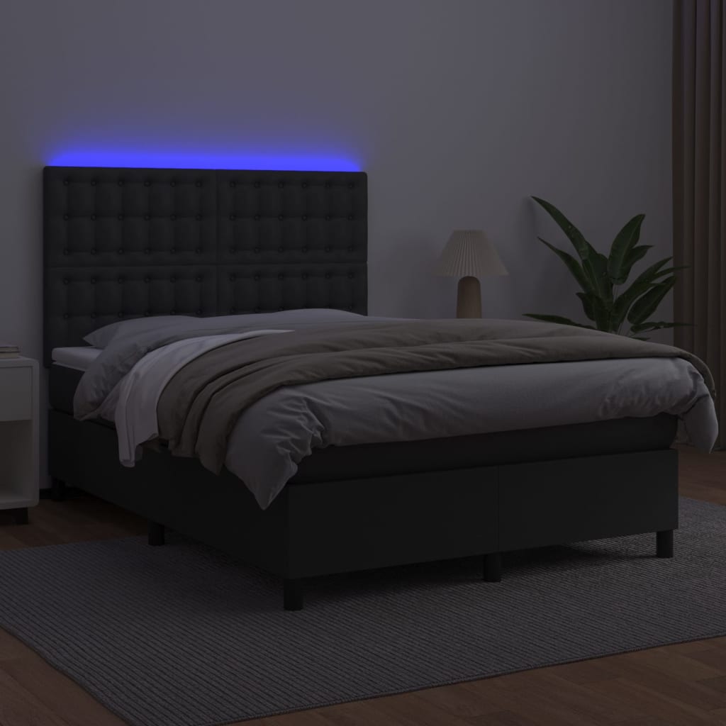 vidaXL Cama box spring colchón y LED cuero sintético negro 140x190 cm