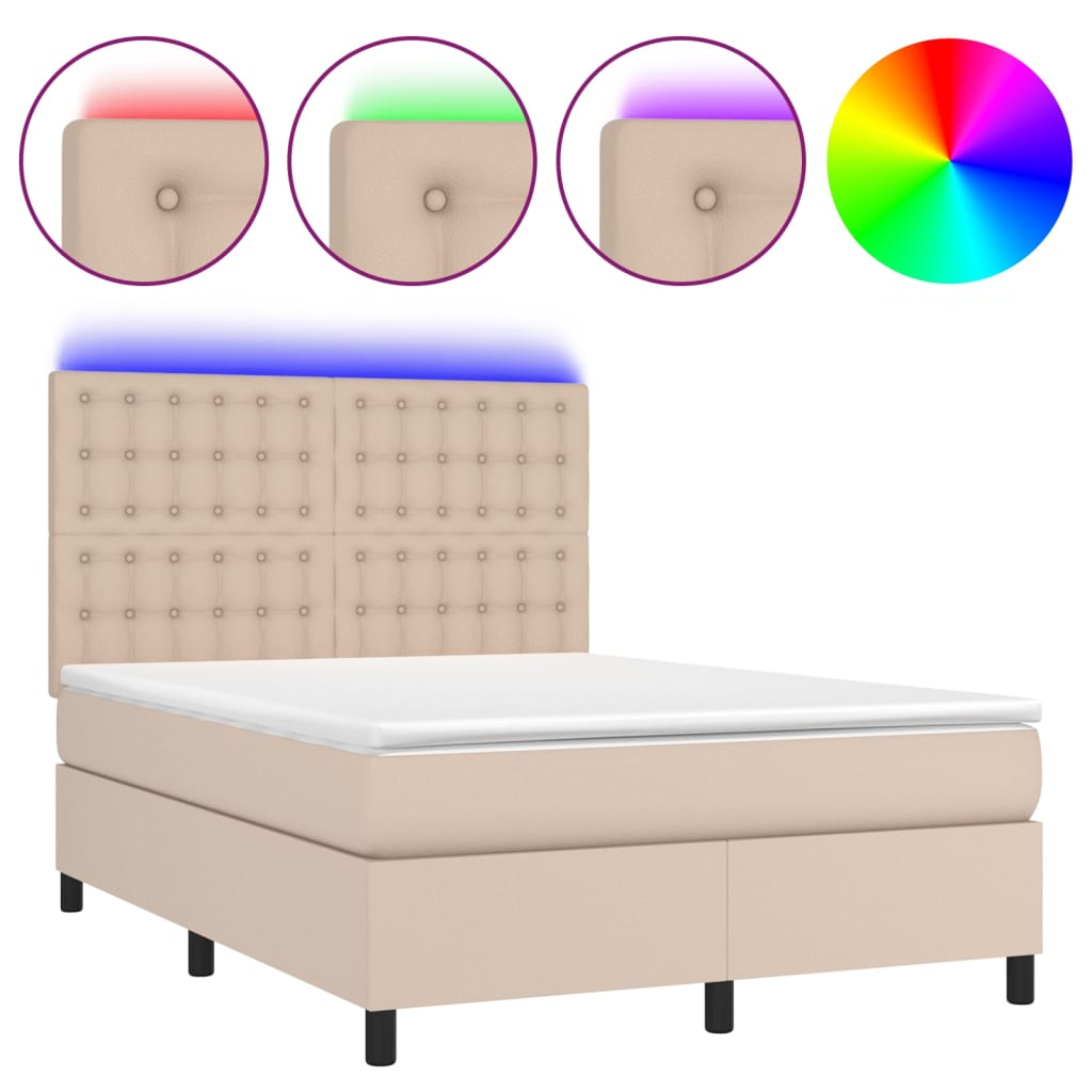 vidaXL Cama box spring colchón LED cuero sintético capuchino 140x200cm