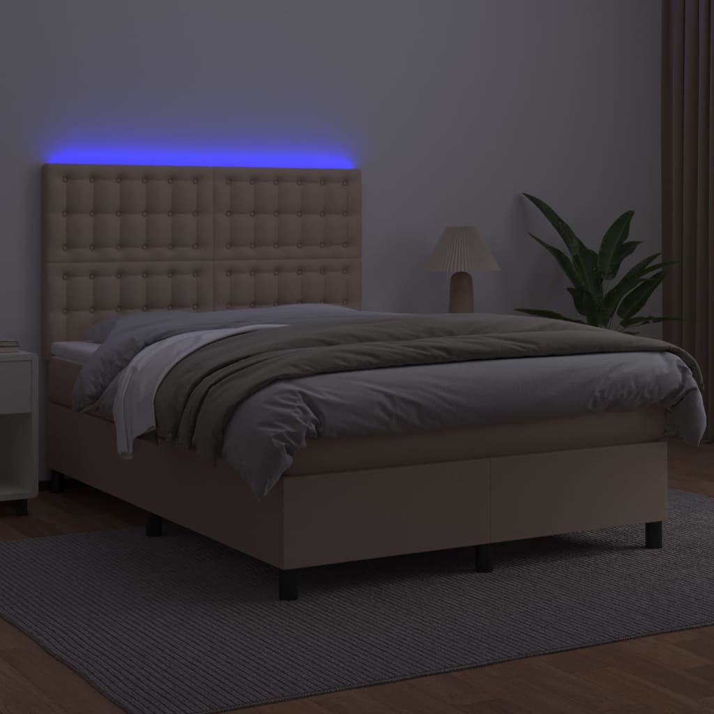 vidaXL Cama box spring colchón LED cuero sintético capuchino 140x200cm