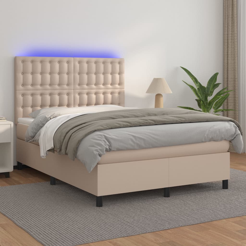 vidaXL Cama box spring colchón LED cuero sintético capuchino 140x200cm