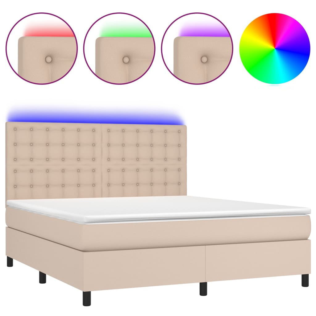 vidaXL Cama box spring colchón LED cuero sintético capuchino 180x200cm