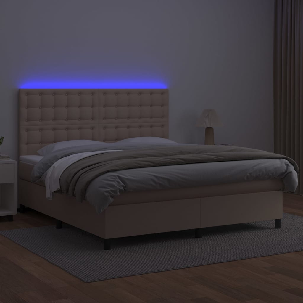 vidaXL Cama box spring colchón LED cuero sintético capuchino 180x200cm