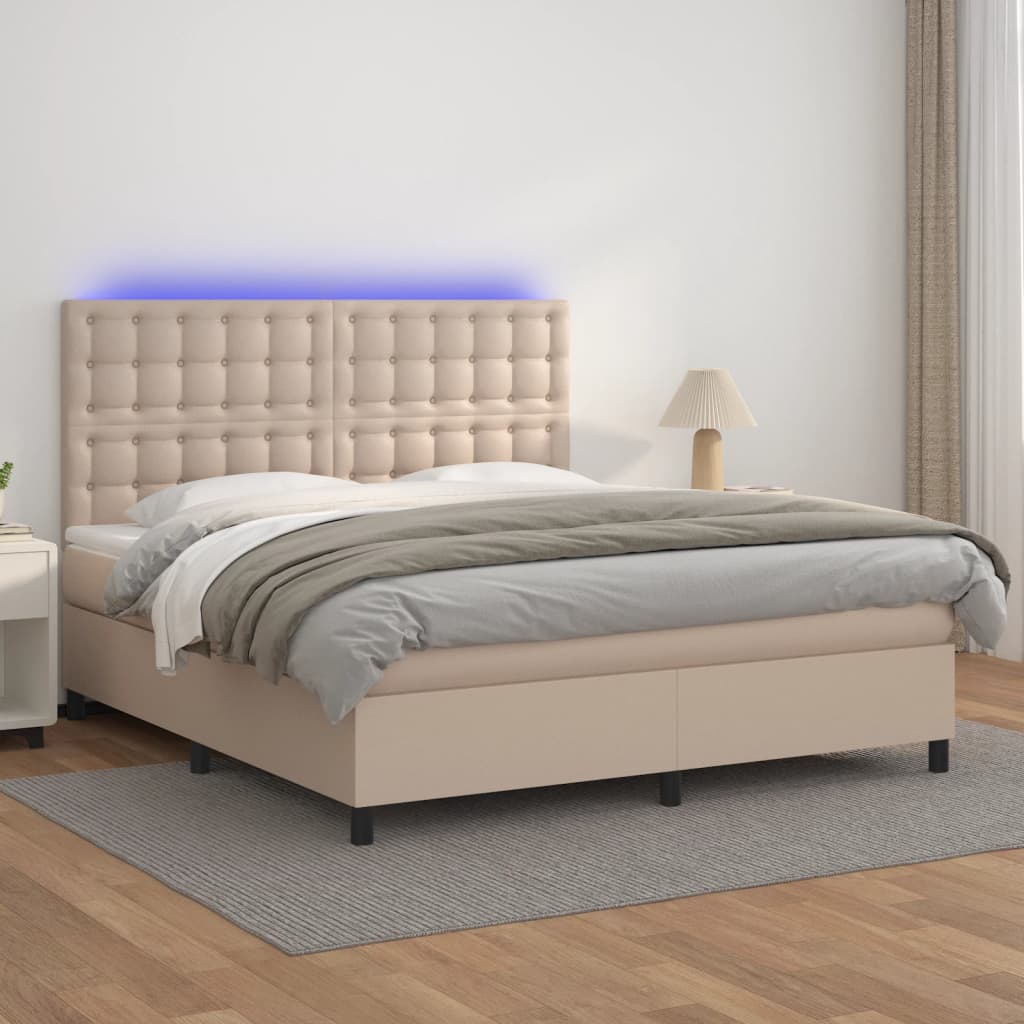 vidaXL Cama box spring colchón LED cuero sintético capuchino 180x200cm